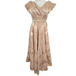 Vintage Blush Pink Satin Floral 1950s V-Neck Cap Sleeve Dress Formal Party XS